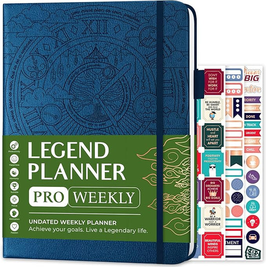 Legend Planner PRO – Deluxe Weekly & Monthly Life Planner to Increase Productivity and Hit Your Goals. Time Management Organizer Notebook – Undated – 7 x 10" Hardcover + Stickers – Mystic Blue