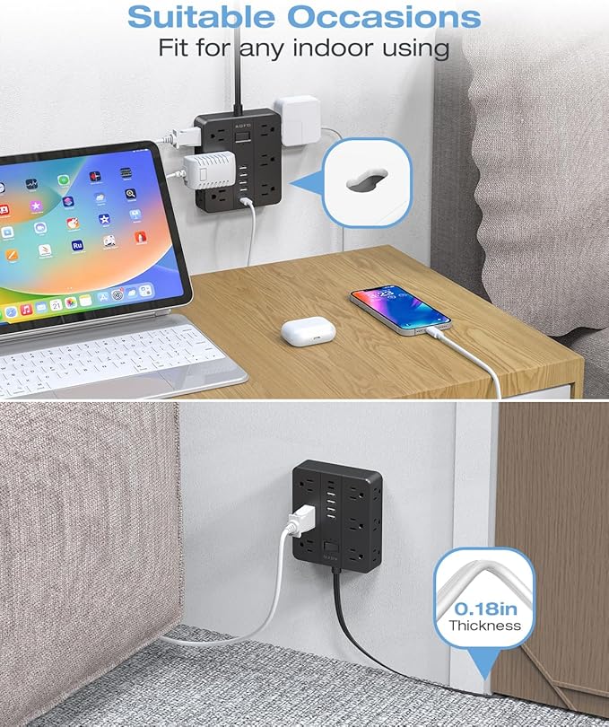 10FT Surge Protector Power Strip,12 AC Outlets with 6 USB Ports (2 USB-C), Flat Plug Extension Cord with Multiple Outlets, Wall Mount for Home Office,Dorm,Black