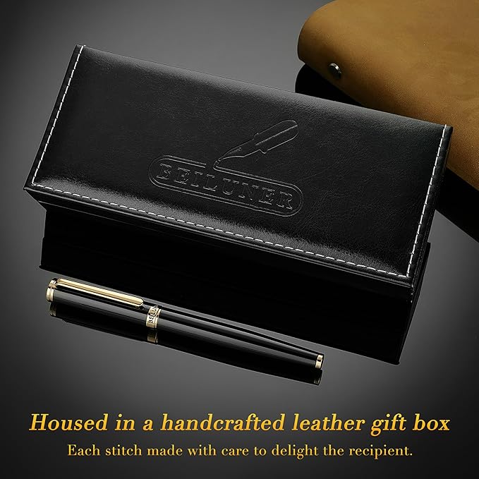 BEILUNER Black Fountain Pen,Stunning Luxury Piano Lacquer,24K Gilded Nib(Fine),Gorgeous 24K Gold Finish, Ink Converter,Trustworthy Gift for Men&Women-Elegant, Reliable,Executive,Nice Pens for Writing