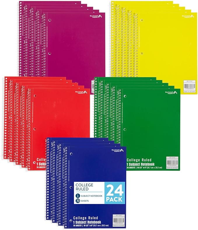 Blue Summit Spiral Notebooks Bulk, One Subject Spiral Notebook College Ruled, Perforated Notebook, 8 x 10.5 for Work and School, Paper, College Ruled, Bulk 24 Pack