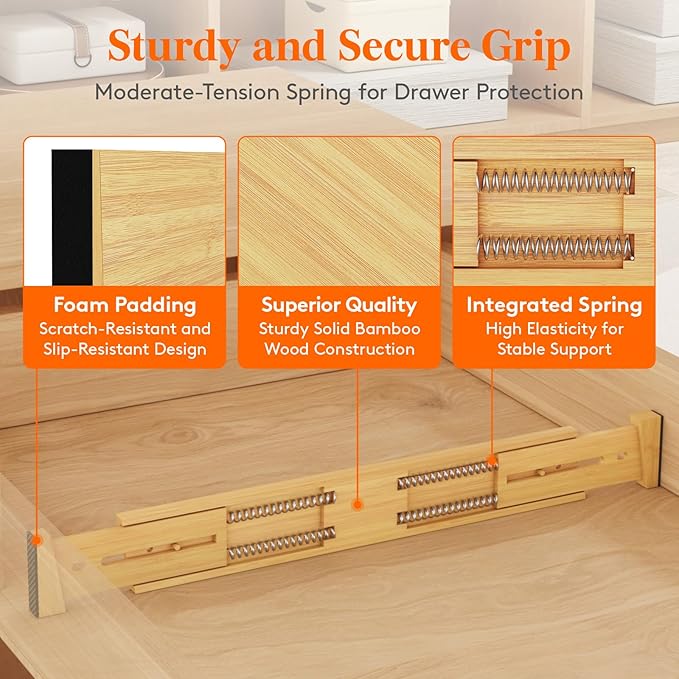 Lifewit 8 Pack Drawer Dividers Bamboo 2.4" High, 16-22" Adjustable Drawer Organizers for Clothes, Wooden Dresser Separators in Bedroom/Bathroom/Kitchen/Fridge/Office Organization and Storage