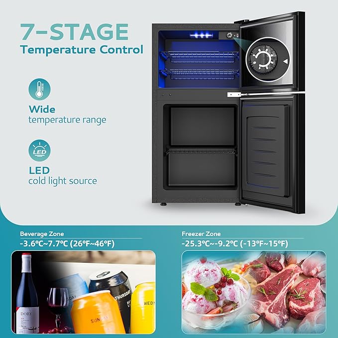 EUHOMY Double Door Mini Fridge With Freezer, Freestanding Wine Cooler Refrigerator With Reversible Door, Compact Refrigerator Temperature Control, Wine Fridge Perfect For Kitchen Home Office.