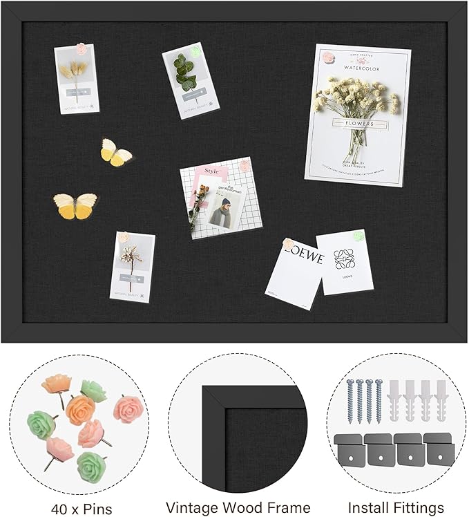 Black Cork Board Bulletin Board 18" x 24", 2-Pack Large Linen Corkboards with Frame for Walls, Cute Picture Display Pin Board Vision Board for Room School Office Bedroom 40 Pushpins
