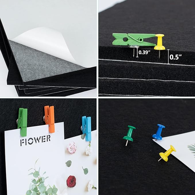 AKTOP Cork Board Bulletin Board 12x12, 1/2" Thick Felt Cork Board Tiles 6 Pack, Small Square Pin Board for Wall, Self Adhesive Corkboards with 60 Push Pin Wood Clips for School, Home & Office, Black