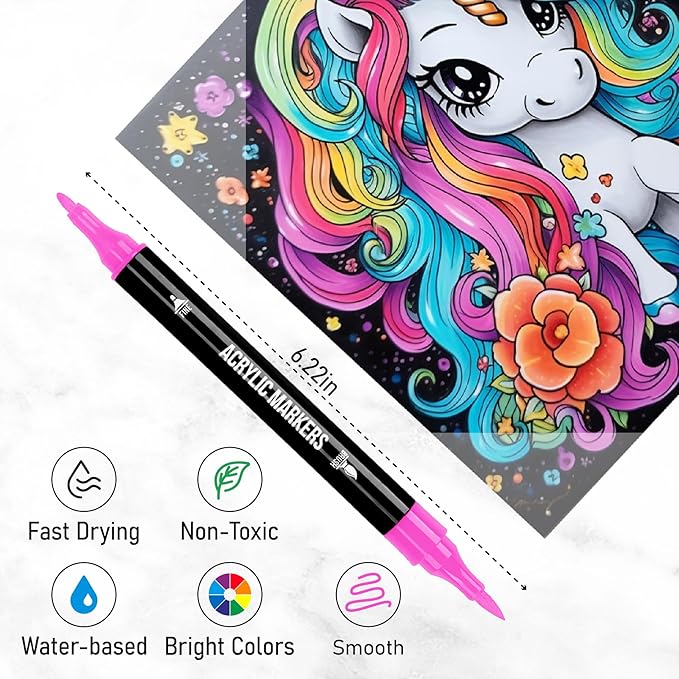 72 Colors Acrylic Paint Markers, Dual Tip with Fine Tip and Brush Tip Pens for Stone, Wood, Calligraphy, Canvas, Ceramic, Metal, Glass, Rock Painting, DIY Crafts