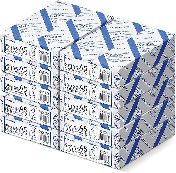 Kokuyo A5 KB Paper, Paper Thickness 0.09 mm, 64gsm, 80 Bright (ISO), 500 Sheets, FSC Certified, Pack of 10 (KB-30N)