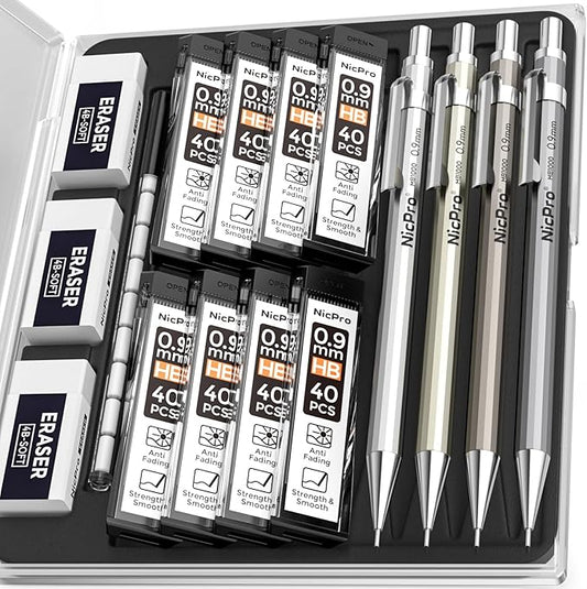 Nicpro 4 Pack Metal Mechanical Pencil Set 0.9mm, MB1000 Lead Drafting Pencil 0.9 mm with 8 Tube HB #2 Lead Refill, 3PCS 4B Eraser, 9 Cap Eraser for Artist Writing, Sketching, Drawing- Come with Case