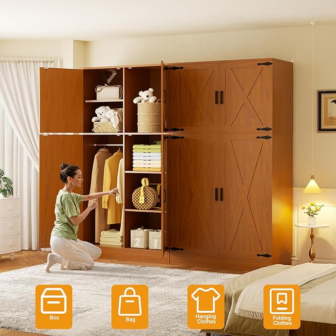 Unikito 71'' Farmhouse Wardrobe Closet with Hanging Rod, 4 Barn Door Storage Cabinet with Adjustable Shelves, Freestanding Closet Wardrobe Cabinet for Bedroom Living Room Office, Highland Oak