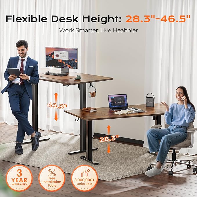 Huuger 63 x 28 Large Electric Standing Desk, Height Adjustable Computer Desk, 27.6" Deep Desktop, Stand up Gaming Office Table with 2 Hooks, 3 Preset Heights, for Home Office, Rustic Brown