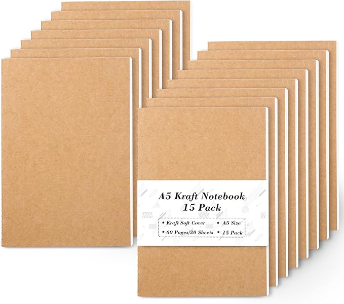 feela 15 Pack A5 Kraft Notebooks, 60 Lined Blank Pages Travel Journal Bulk, Soft Cover Notebooks for Women Girls Students, Making Plans Writing Memos Office School Supplies, 8.3 X 5.5 in