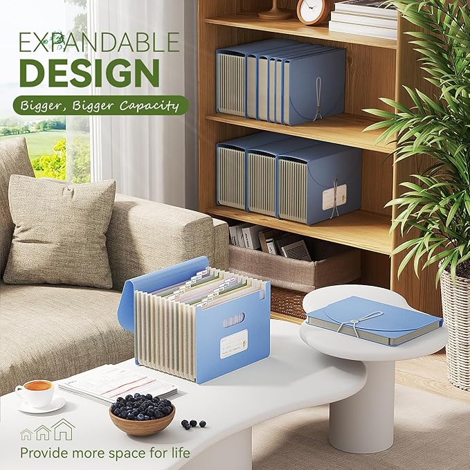 Accordion File Organizer, 12 Pockets Wheat Straw Expanding File Folder, Portable Monthly Paper Bill Tax Receipt Organizer, Letter A4 Size Document Holder，Green Office with Colorful Tab，UN Blue