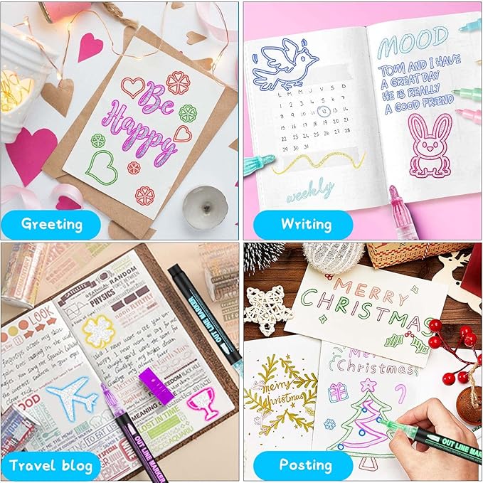 Double Line Outline Markers, 48Colors Super Squiggles Shimmer Outline Marker Pen Set, Self Outline Metallic Markers Glitter Writing Drawing Pens for Birthday Greeting Card, Doodling, DIY Art Crafts