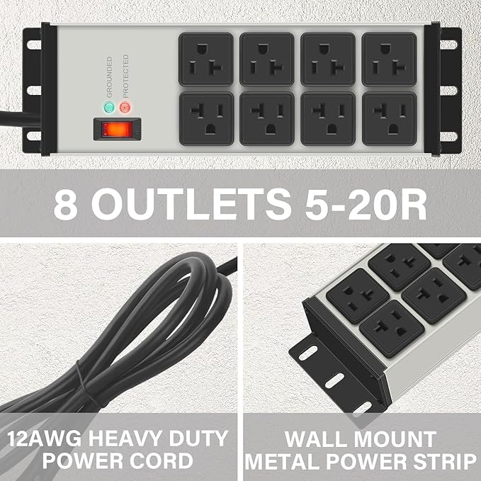 CCCEI Magnetic Heavy Duty Power Strip Surge Protector 20Amp, 12 Gauge High Amp Extension Outlets, Garage Wall Mount 8 Plug Metal Power Strip. 15FT, Grey, 5-15P Adapter 6-20R T-Slot 20a for Appliance