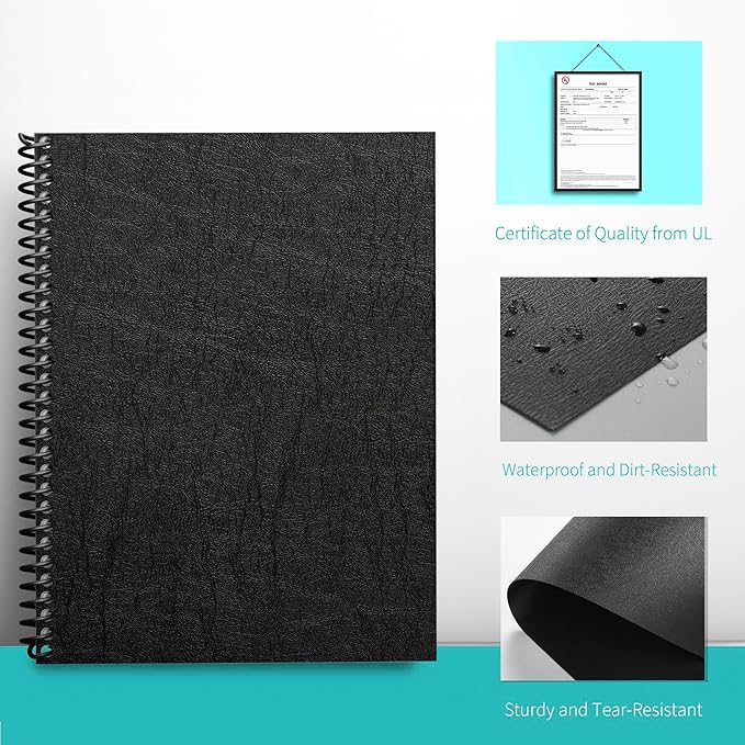 Binditek 100 Pack 12 Mil Leather-Textured Midweight Polycovers, Letter Size, Plastic Binding Presentation Back Covers, 8-1/2 x 11" Square Corners, Un-Punched, Black