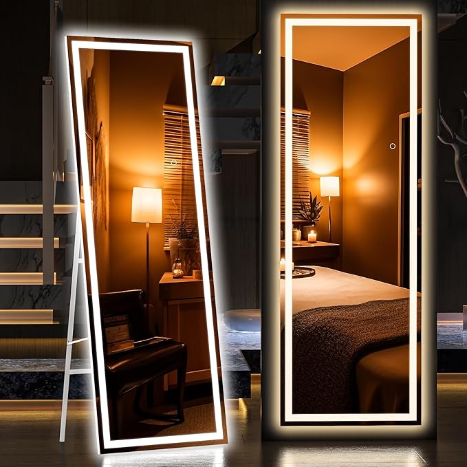 Hasipu Full Length Mirror with Lights, 65" x 20" LED Floor Mirror, Full Body Dressing Standing, Hanging Mounted Mirror for Living Room Bedroom Cloakroom, Square White
