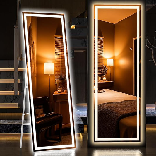 Hasipu Full Length Mirror with Lights, 65" x 20" LED Floor Mirror, Full Body Dressing Standing, Hanging Mounted Mirror for Living Room Bedroom Cloakroom, Square White