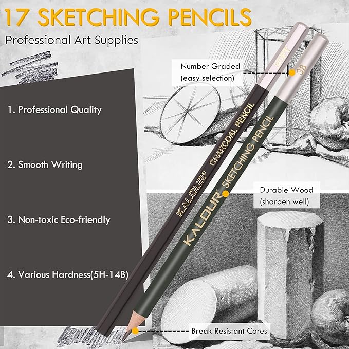 KALOUR 52-Pack Sketch Drawing Pencils Kit with Two Sketchbook,Tin Box,Include Graphite,Charcoal and Artists Tools,Pro Art Drawing Supplies for Adults Beginner Kids
