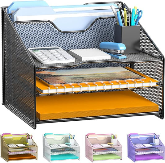 Samstar Desk File Organizer, Mesh Letter File Folder Holder with 3 Paper Trays and 2 Vertical Upright Section, for Office Supplies,Desk Accessories & Workspace,Black.