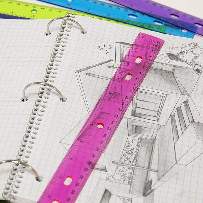 BAZIC Jeweltones Color Plastic Ruler 12" (30cm), Inches Centimeter Metric Measuring Drafting Rulers, for Students School Supplies (4/Pack), 2-Packs