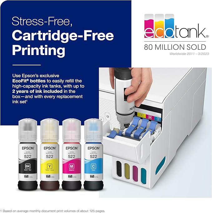 Epson EcoTank ET-2800 Wireless Color All-in-One Cartridge-Free Supertank Printer & 522 EcoTank Ink Ultra-high Capacity Bottle Black (T522120-S)