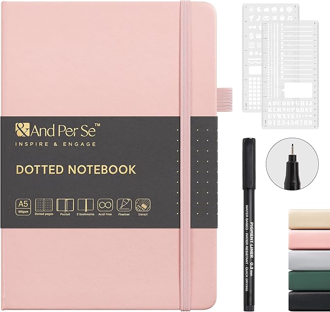 &And Per Se Bullet Dotted Journal Notebook, A5 Leather Hardcover, 176 Numbered Pages 100GSM Thick Dotted Paper, 2 Sheets of Stencils Included - 5.7'' x 8'' (Pink)