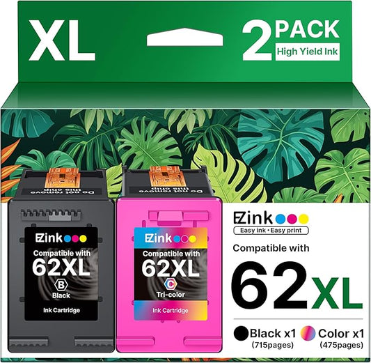 62XL Ink Remanufactured Ink Cartridges for HP 62 Ink 62XL Ink Cartridges Black and Color High Yield Use with HP Envy 5540 5640 5660 7644 OfficeJet 5740 5741 8040 200 250 Series Printer(2-Pack)