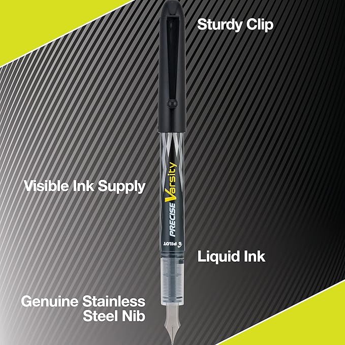 PILOT Precise Varsity Pre-Filled Fountain Pens, Medium Point Stainless Steel Nib, Black/Blue/Purple Inks, 3-Pack (90022)