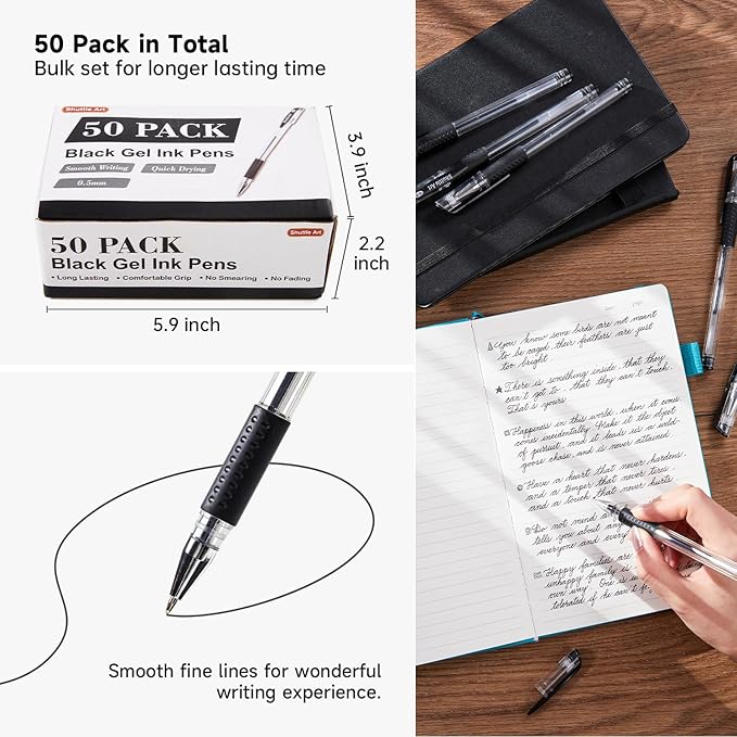 Shuttle Art Black Gel Pens, 50 Pack Fine Point Black Ink Pens Bulk, 0.5mm Rollerball Gel Ink Pens Smooth Writing with Comfortable Grip for Office, School and Home