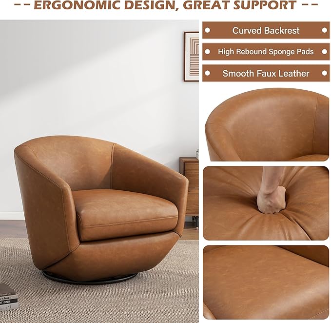 UIXE 360° Swivel Barrel Accent Chair, PU Leather Upholstered Club Armchair for Living Room, Modern Round Arm Chair Single Sofa Bedroom Reading Seating (Brown)