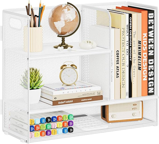 Marbrasse 3-Tier Desk Shelf Organizer with Handle, Desktop Bookshelf File Holder, Mesh Display Shelf Organizer Storage Rack for Office, Home, Supplies, Kitchen (White)