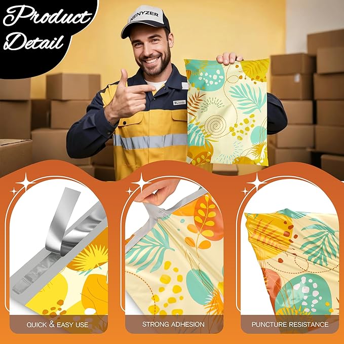 Colorful Leaves Poly Mailer 10x13 Inch 25 Pcs, Waterproof Shipping Bags for Clothing, Tear-Resistant Mailier Bags, Strong Mailing Bags with Self-Seal