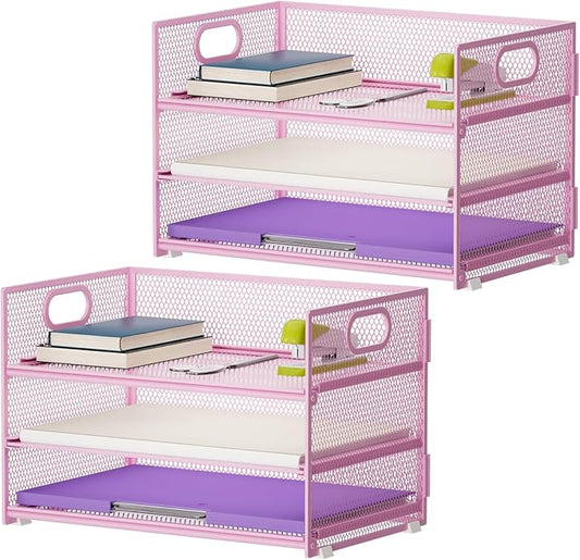 Marbrasse 3 Tier Paper Organizer Letter Tray, Mesh File Organizer with Handle, Paper Sorter Desk Organizer for Home Office Supplies - 2p Pink