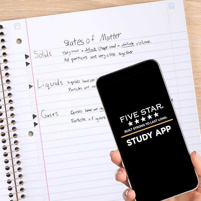 Five Star Spiral Notebook + Study App, 1 Subject, Wide Ruled, 8" x 10-1/2", 80 Sheets, Fights Ink Bleed, Water Resistant Cover, Black Stars Glow in the Dark (930020F)