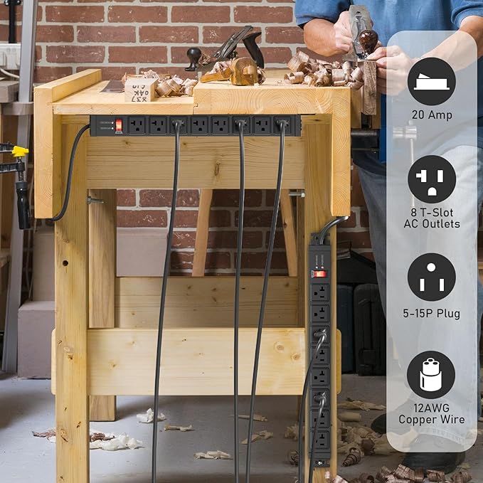 JUNNUJ 20 Amp Power Strip Surge Protector 4800J, Heavy Duty 8 Outlet Metal Multi Angle Mount, 20A Garage Power Strip Shop 6-20R T-Slot, 5-15P Plug 12 Gauge Extension Cord 10ft for Appliance