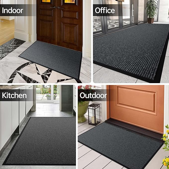 Front Door Mat, 3' x 6' Heavy Duty Indoor Outdoor Door Mat for Entryway, Commercial Door Mats Entrance, Low Profile Welcome Mats Non-Slip, Durable Rubber Backing Entry Mat for Patio, Home