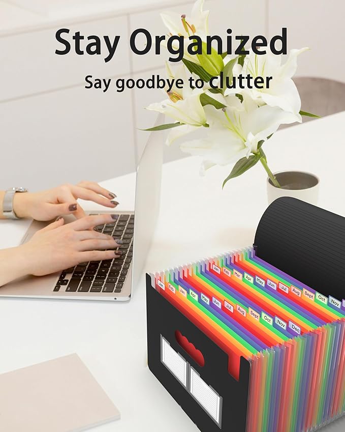 2 Pack Expanding File Folder, 24 Pocket Accordian File Organizer A4 Letter Size Portable Document Organizer with Colored Tabs, Expandable Desktop Accordion Folder