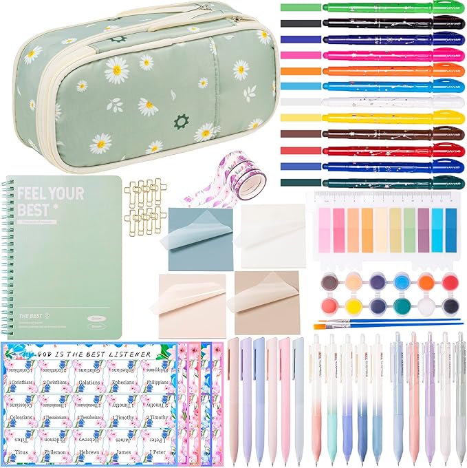 Bible Study Supplies for Women & Journaling Kit - Pencil Case, 12 Colored Highlighters No Bleed, 75 Index Bible Tabs, A5 Notebook, 16 Gel Pens & 4 Transparent Notes - Christian Gifts, Green Daisies
