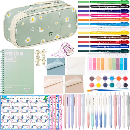 Bible Study Supplies for Women & Journaling Kit - Pencil Case, 12 Colored Highlighters No Bleed, 75 Index Bible Tabs, A5 Notebook, 16 Gel Pens & 4 Transparent Notes - Christian Gifts, Green Daisies