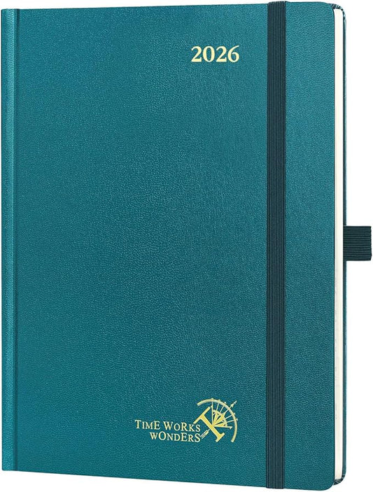 POPRUN 2026 Planner (Medium Size 8.5''x 6.5'' Hardcover) - Daily Weekly and Monthly Calendar Agenda 2026 Appointment Book with Hourly Time Slots, Monthly Tabs, 100 GSM - Pacific Green