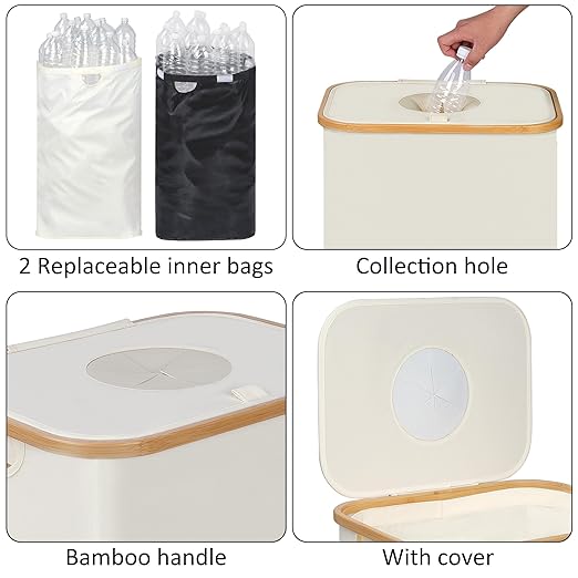 29 Gallons Recycling Bins for Kitchen, Indoor Recycle Bins with Lid, 110L Large Recycle bin with 2 Removeable Reusable Inner Bags, for Bottles Cans Glass Plastice Cartons(Beige)