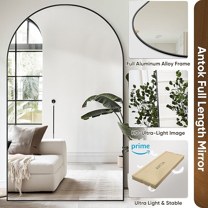 Antok Full Length Mirror, 86"x46" Oversized Floor Mirror Freestanding, Full Body Mirror Floor Standing Mirrors with Stand, Hanging Mounted Mirrors for Living Room Cloakroom,Black,Arched Style