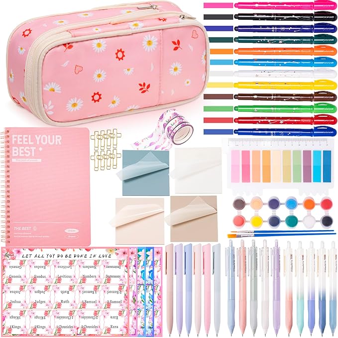 Bible Journaling Supplies for Women - Complete Kit with Pencil Bag, 12 Highlighters For Bibles That Do Not Bleed,16 Pens, 75 Tabs, A5 Notebook - Christian/Catholic Gifts, Pink with Daisies