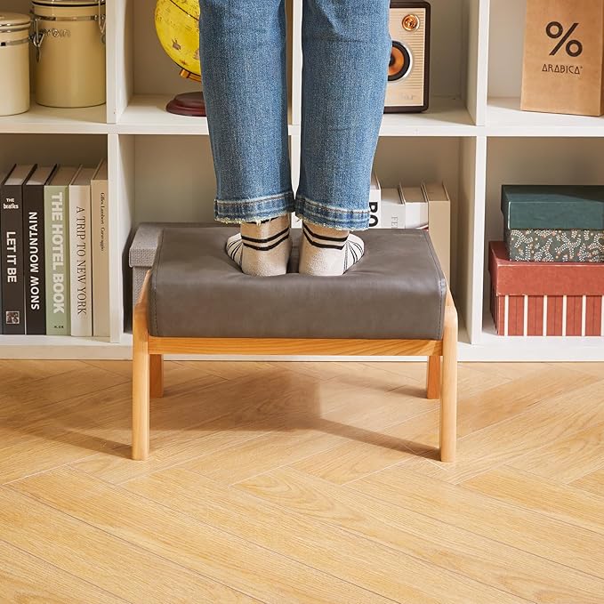 IBUYKE 10.2” H Small Foot Stool Ottoman, Rectangle PU Faux Leather Foot Rest with Padded Seat and Wood Legs, Modern Accent Ottoman Foot Rest for Living Room Bedroom Couch Office, Grey WBD013G