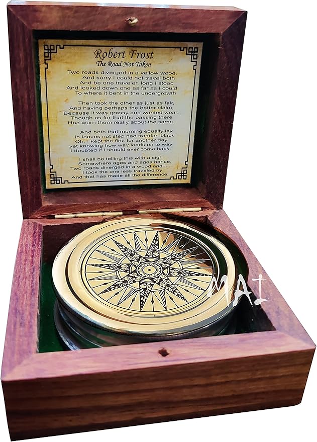Antiqued Brass Robert Frost Poem Compass with Wooden Box, Inspirational Gifts for Woman, Aniversity Gifts for Men,Engraved Compass,Wedding for Boys, Pocket Compass for Hiking Survival