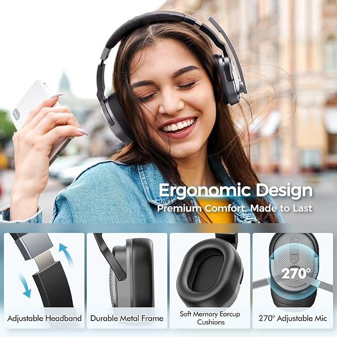 Trucker Bluetooth Headset, Wireless Headsets with Noise Cancelling Microphone, 50+Hrs HD Talktime Bluetooth Headphones with Detachable Earpad/Single+Dual Mode for Office/Driving/Home (Silver)