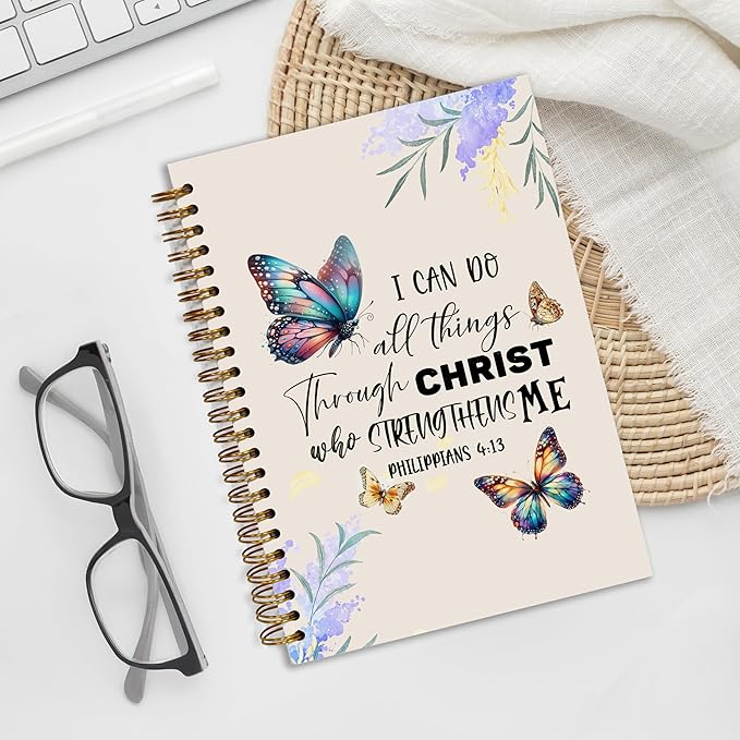 Bible Notebook, A5 Spiral Christian Journal Butterfly Notebook, Bible Verse-I Can Do All Things Through Christ Who Strengthens Me, Inspirational Notebooks for Women, Gift for Birthday Christmas