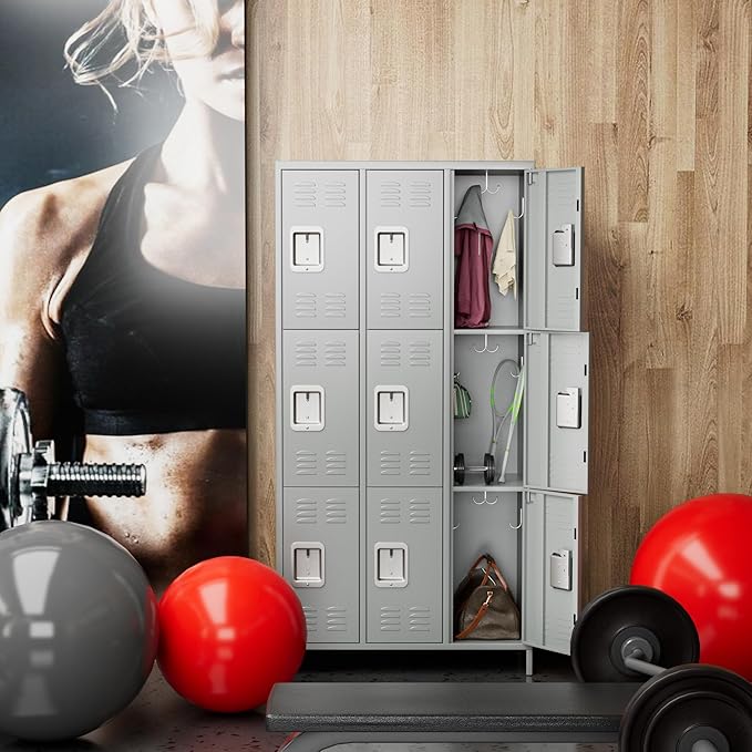 Metal Storage Locker with 9 Doors and 27 Hooks,Metal Lockers for Employees with Lock for School Garage Office Gym,Assembly Required,Light Grey