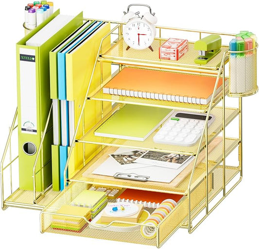 Marbrasse Desk Organizer with File Holder, 5-Tier Desk Organizer and Accessories with Drawer and 2 Pen Holders, Mesh Paper Letter Tray, Desktop Storage for Office Supplies (Gold)