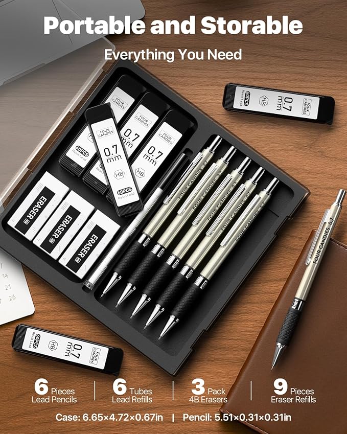 Four Candies Metal Mechanical Pencil Set - 6PCS 0.7mm Art Mechanical Pencils & 360PCS HB Lead Refills & 3PCS Erasers & 9PCS Eraser Refills, Drawing Mechanical Pencils for Writing, Sketching/With Case