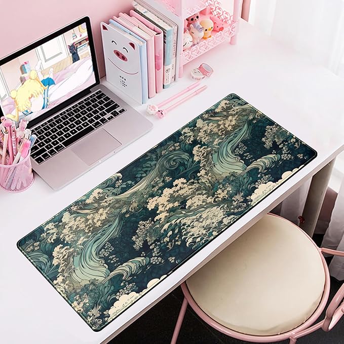 Japanese Large Mouse Pad Gaming Sea Wave Desk Pad Blue Sea Flower Art Aesthetics Desk Pad Non-Slip Rubber Base Mice Pad, 31.5 X 11.8 in for Laptop Computer Mouse Keyboard Mat of Office Desk Decor